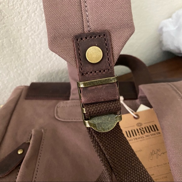 Unisoul Rugged Leather Canvas Brown Mocha Backpack Shoulder Book School Bag - Picture 3 of 13